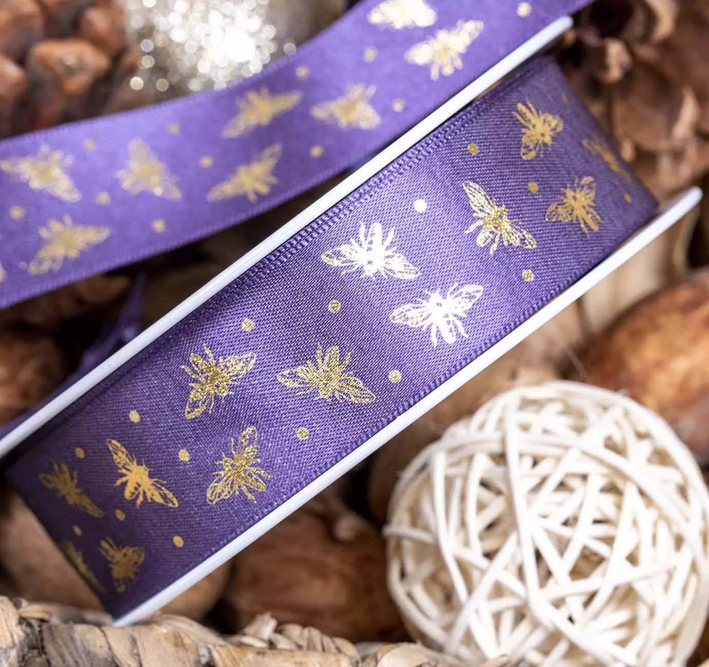 Mauve Satin Ribbon With Gold Bee Design