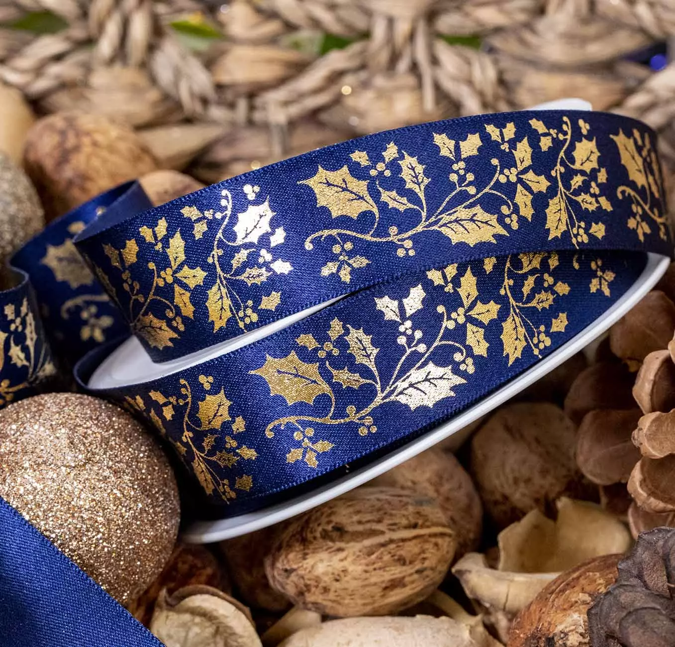 Navy & Gold Holly Ribbon