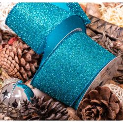 63mm wire edged turquoise glitter ribbon