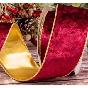 63mm x 10 yrds od Burgundy coloured velvet ribbon with wired edges and gold lame reverse