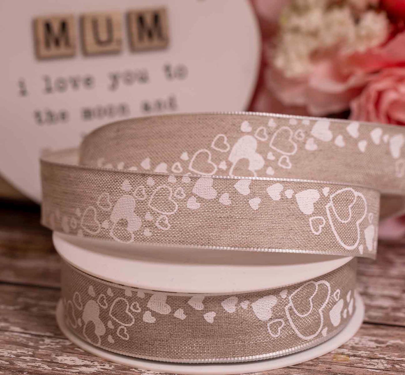 25mm Natural Coloured Linen Ribbon With Love Heart Design