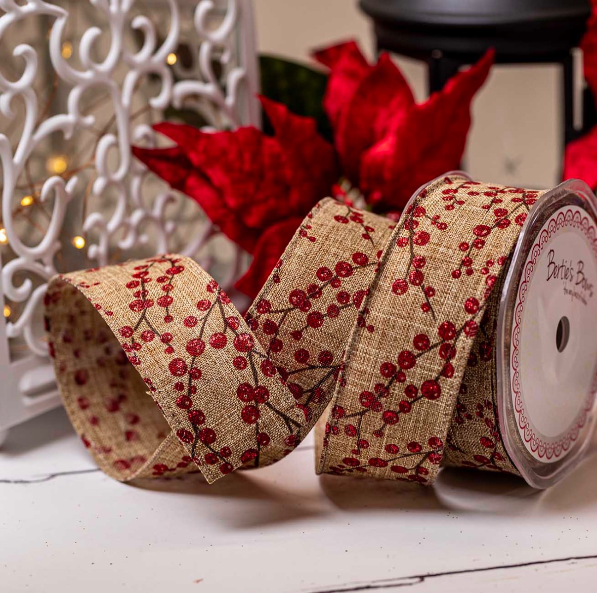 Red Glitter Berry Design On Natural Coloured Faux Burlap