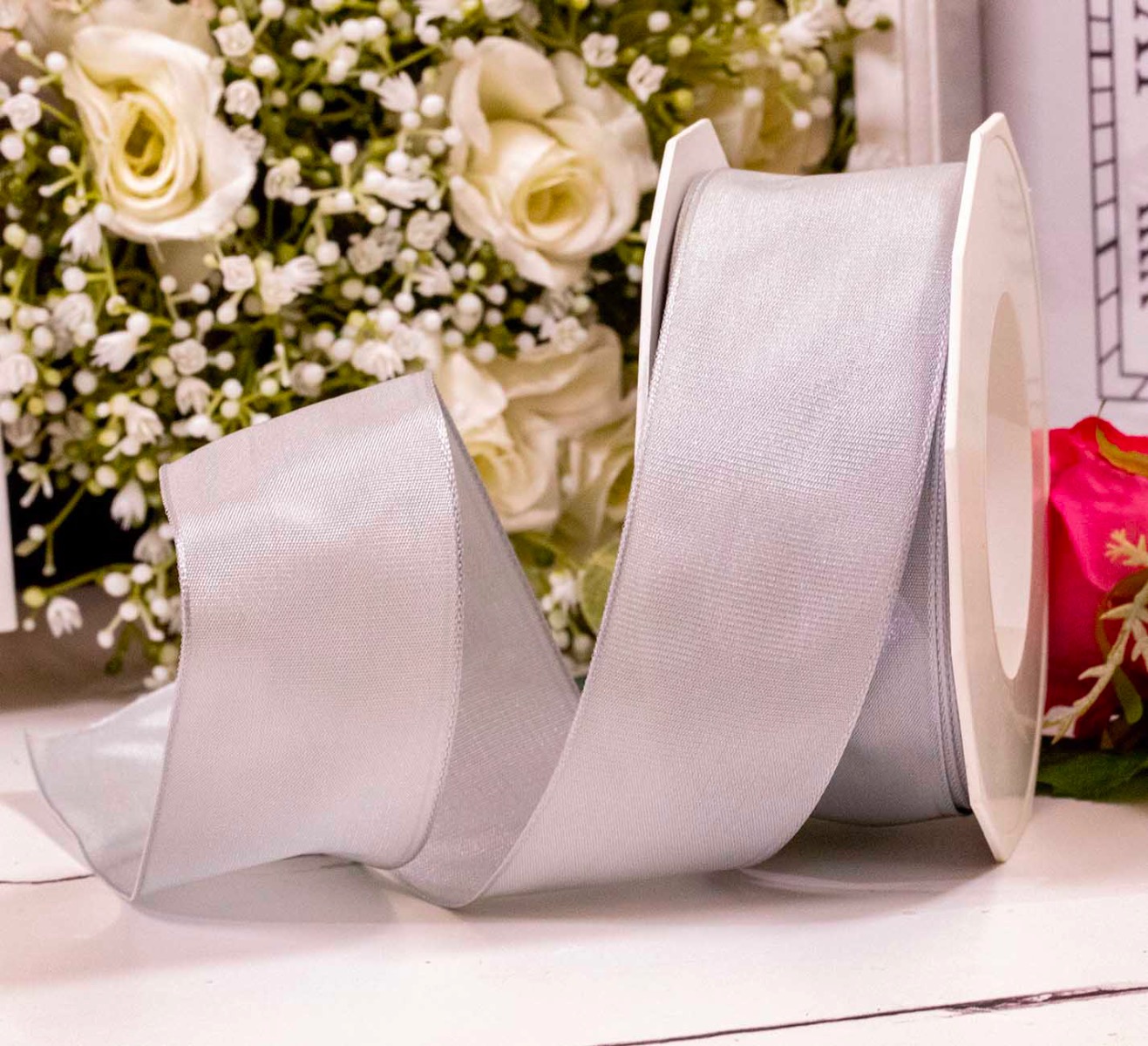 Silver Grey Wired Edged Taffeta Ribbon In 40mm