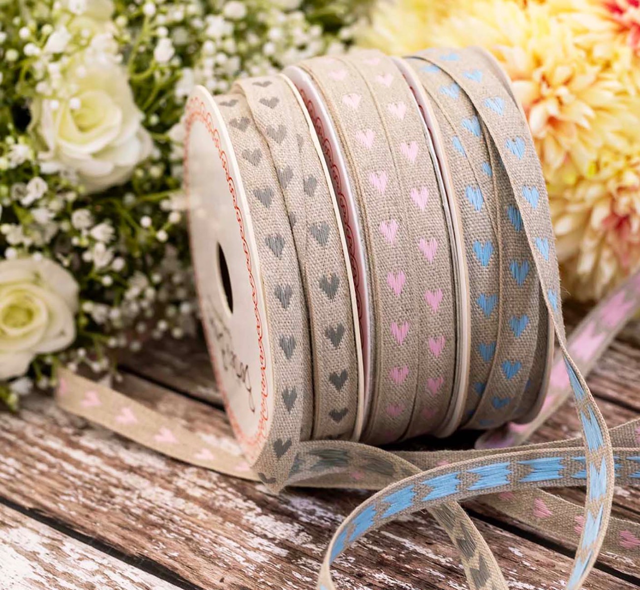 11mm wide linen ribbons on reels with woven heart design